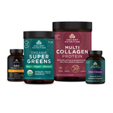 image of SBO probiotics gut restore bottle, organic super greens bottle, multi collagen protein bottle and liver cleanse bottle