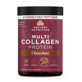 Multi Collagen Protein Powder Chocolate 40 Servings front of bottle with a callout that says hydrolyzed peptides