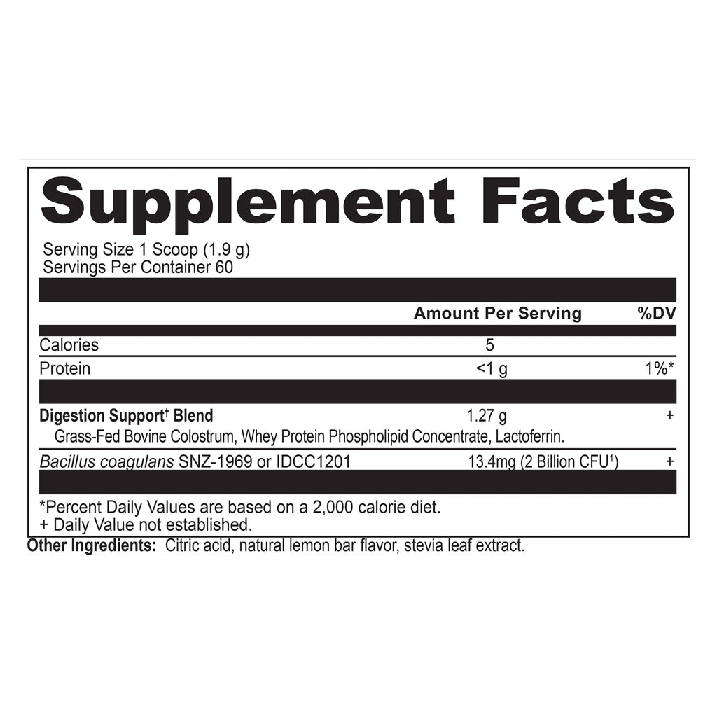 Colostrum Powder Lemon Bar Flavor (60 Servings) supplement label
