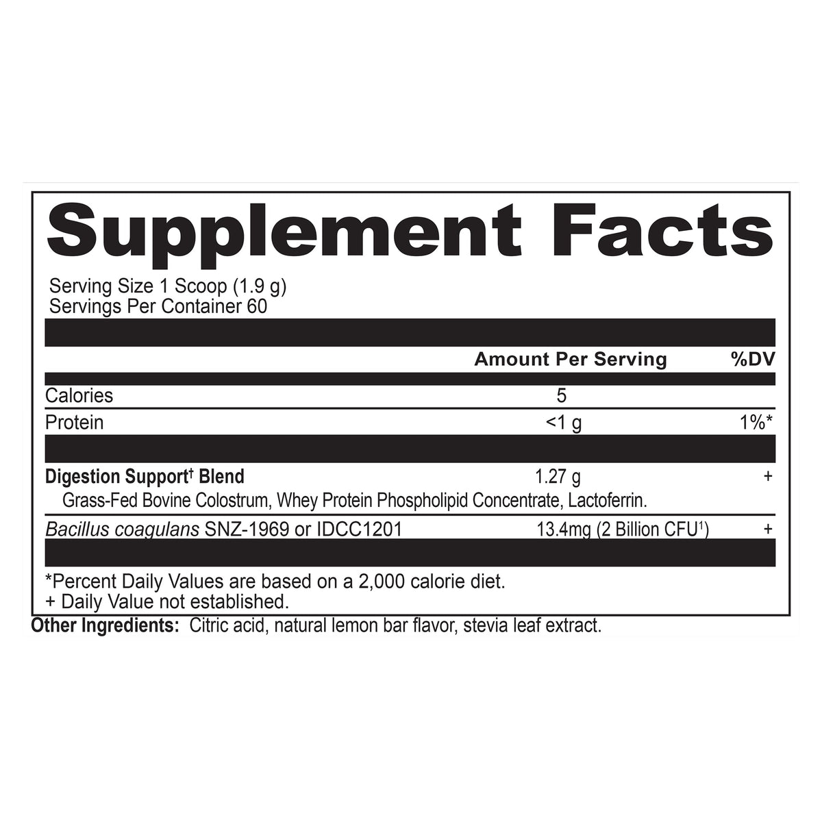 Colostrum Powder Lemon Bar Flavor (60 Servings) supplement label