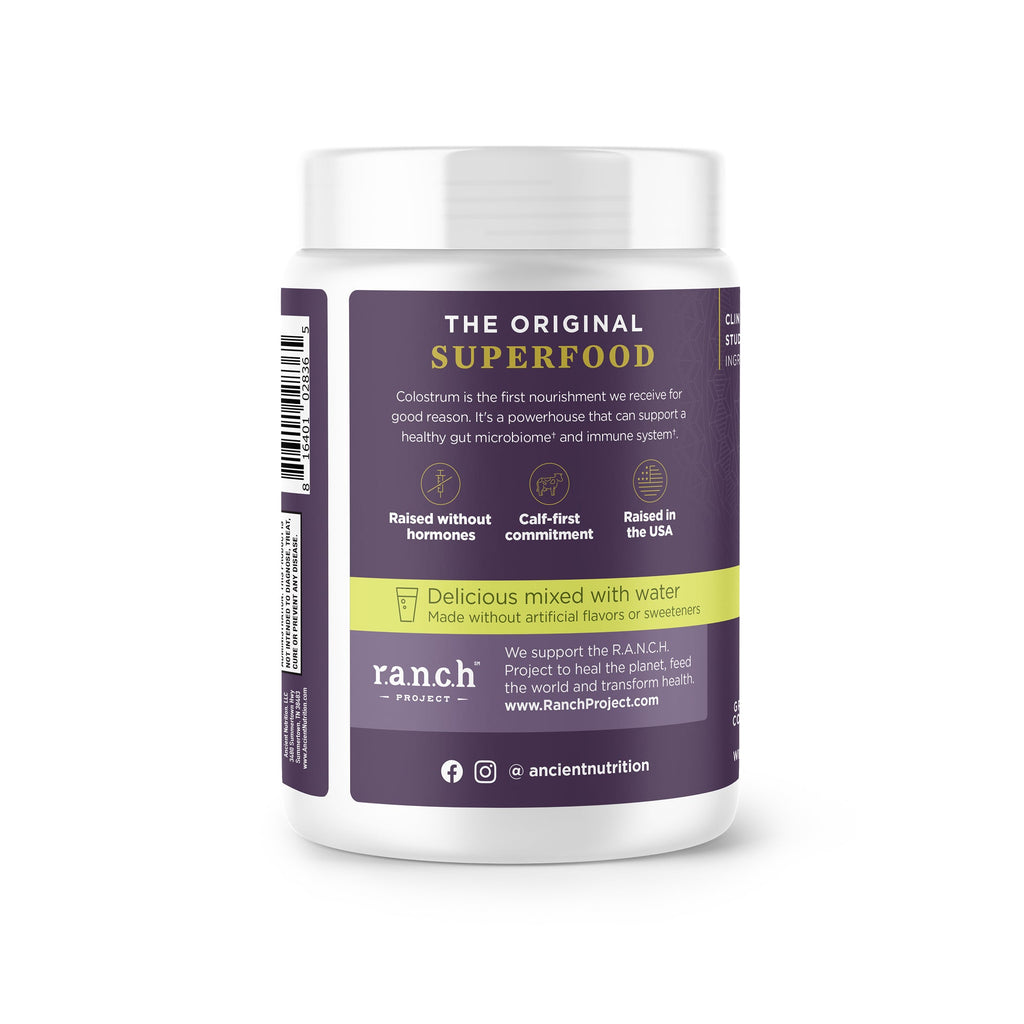 side bottle view of Colostrum Powder Lemon Bar Flavor (60 Servings) 