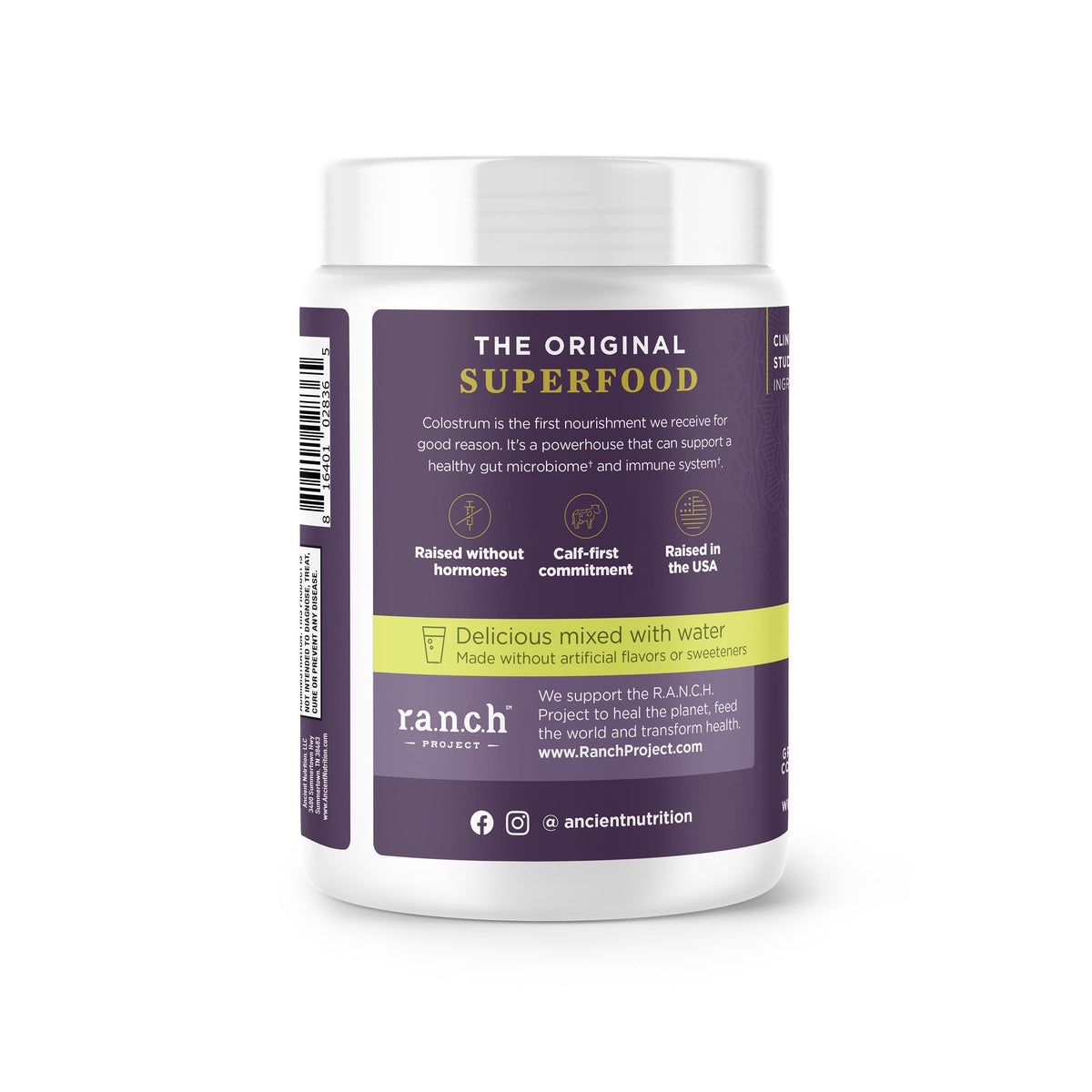 side bottle view of Colostrum Powder Lemon Bar Flavor (60 Servings) 