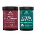 Bottle of Multi Collagen Protein Powder Pure and bottle of Organic SuperGreens powder side by side