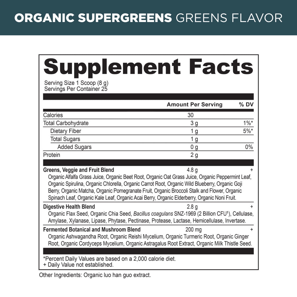 Organic SuperGreens Powder Greens flavor supplement facts panel