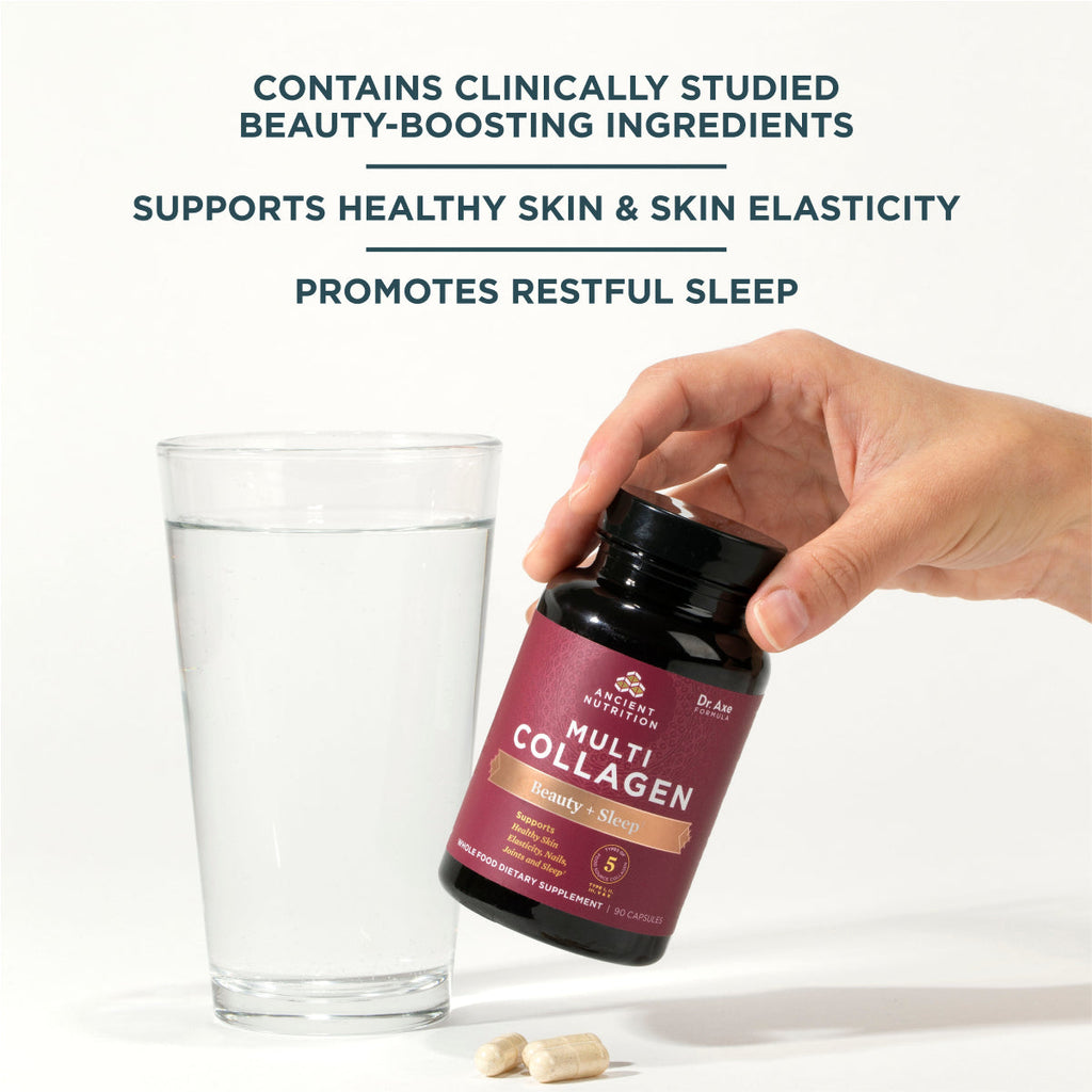 a person holding a bottle of Multi Collagen Beauty & Sleep Support Capsules (90 Capsules)