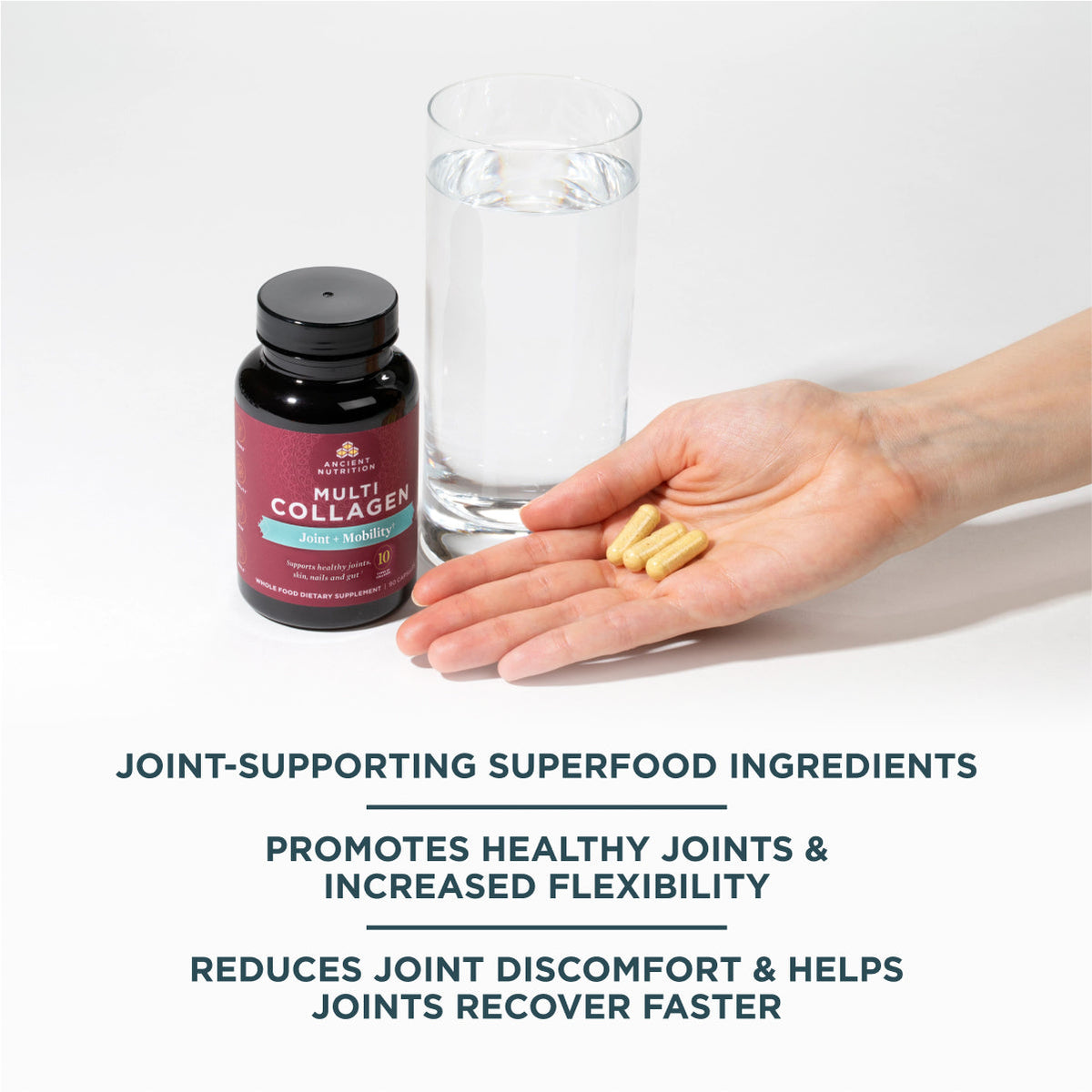 a person holding a bottle of Multi Collagen Joint & Mobility Capsules