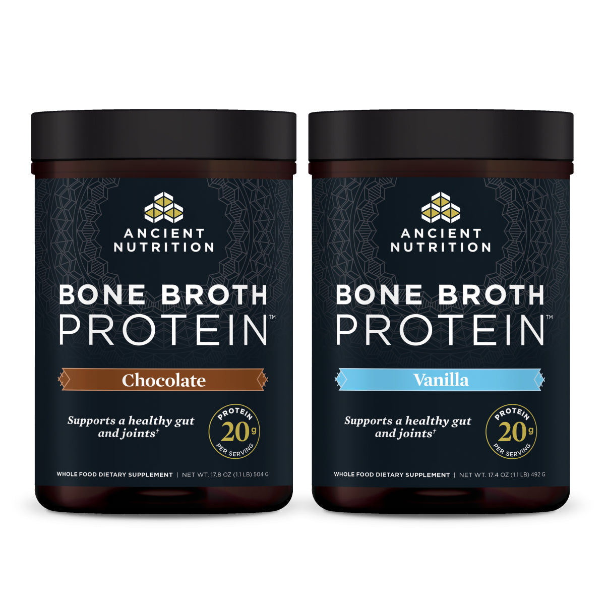 bone broth protein chocolate and vanilla bottles