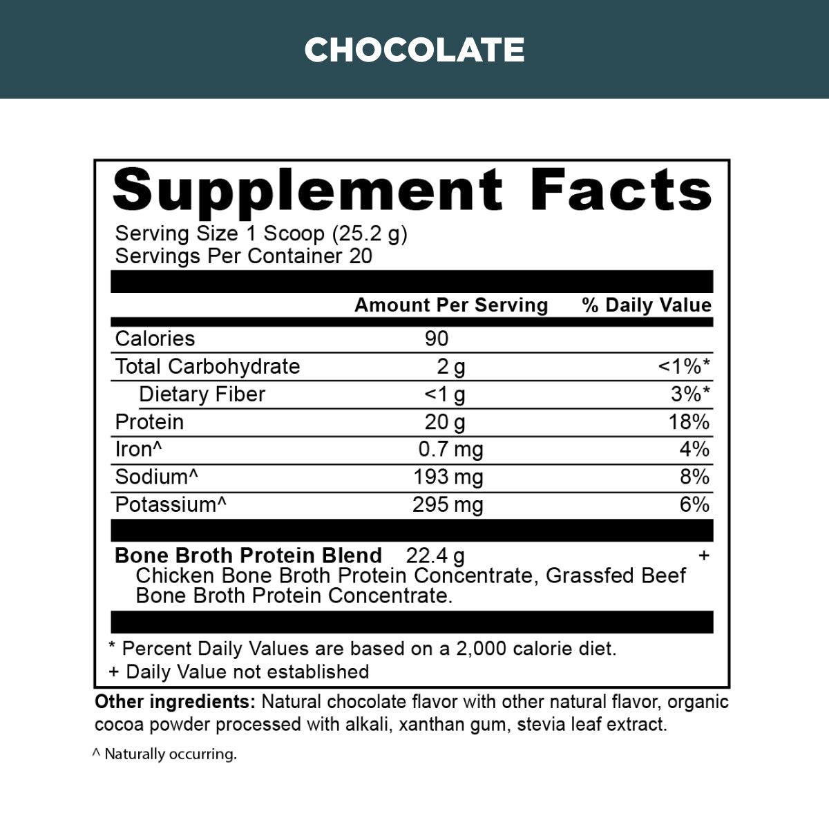 Bone broth protein powder chocolate supplement label