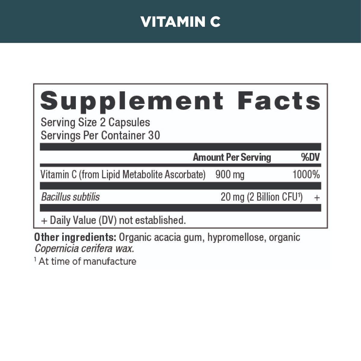 Vitamin C supplement facts panel