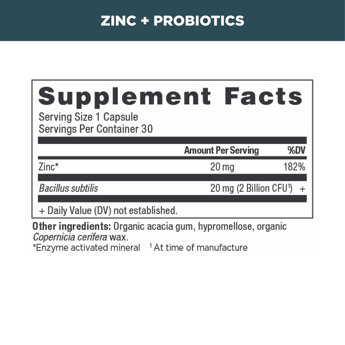 Zinc + probiotics supplement facts panel