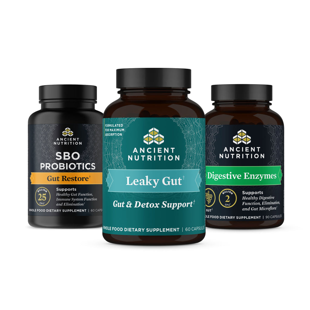 sbo probiotics gut restore, leaky gut capsules, digestives enzymes with blue bow