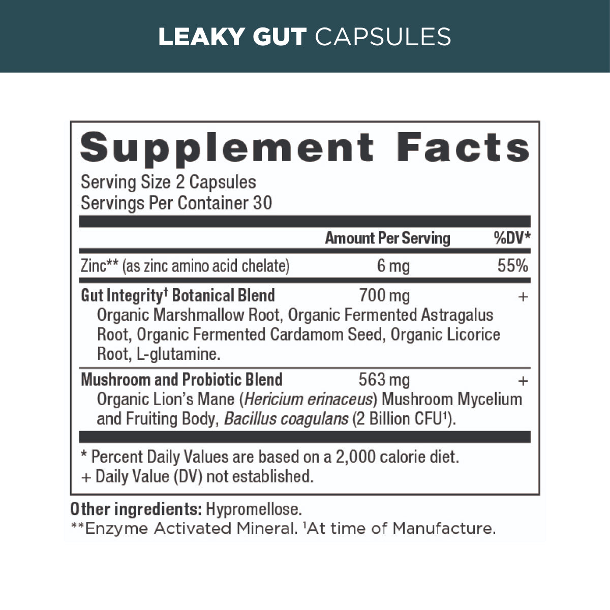 Leaky Gut Capsules Supplements Facts panel