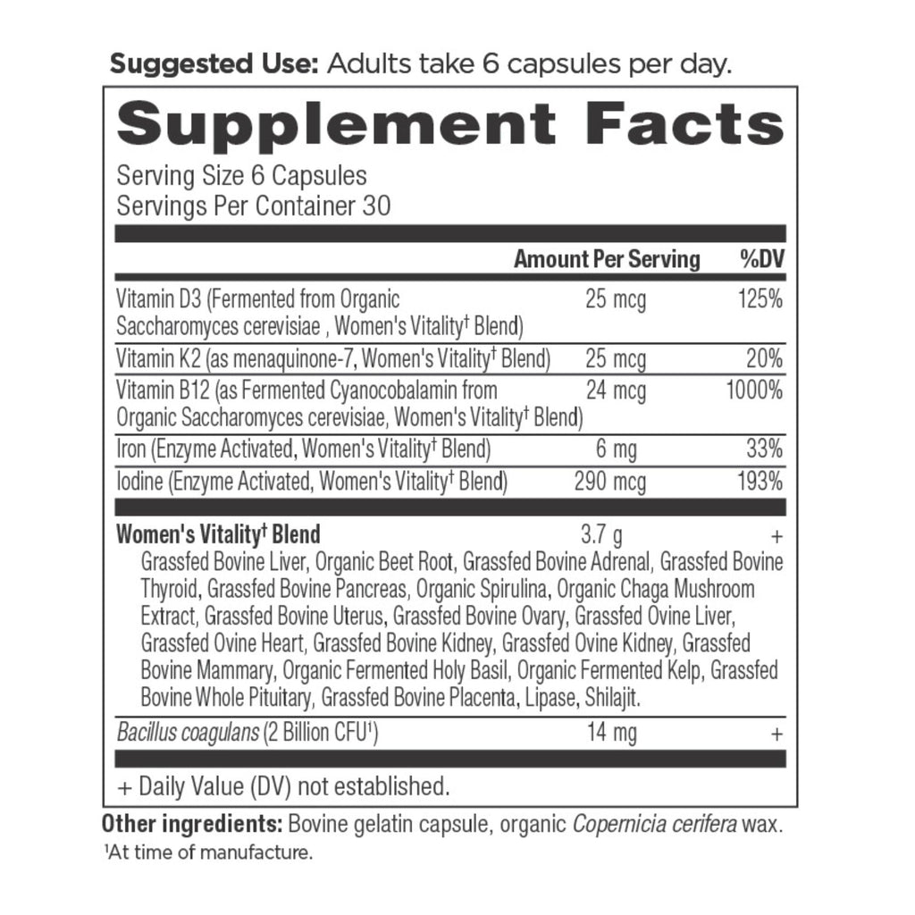 Women's Vitality Capsules (30 Servings) supplement facts panel