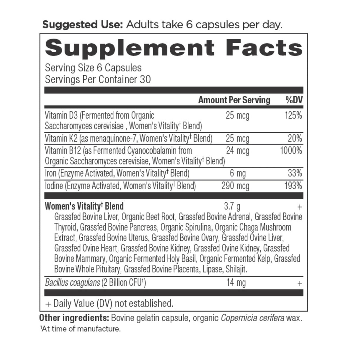 Women's Vitality Capsules (30 Servings) supplement facts panel