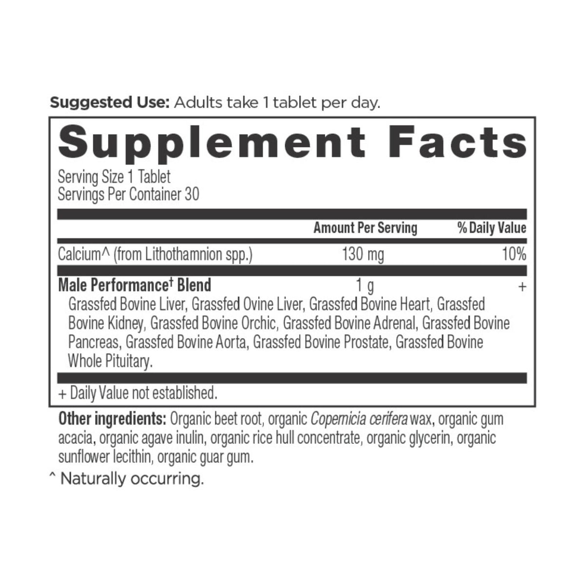 Male Performance Once Daily Tablets (30 Servings) supplement facts panel