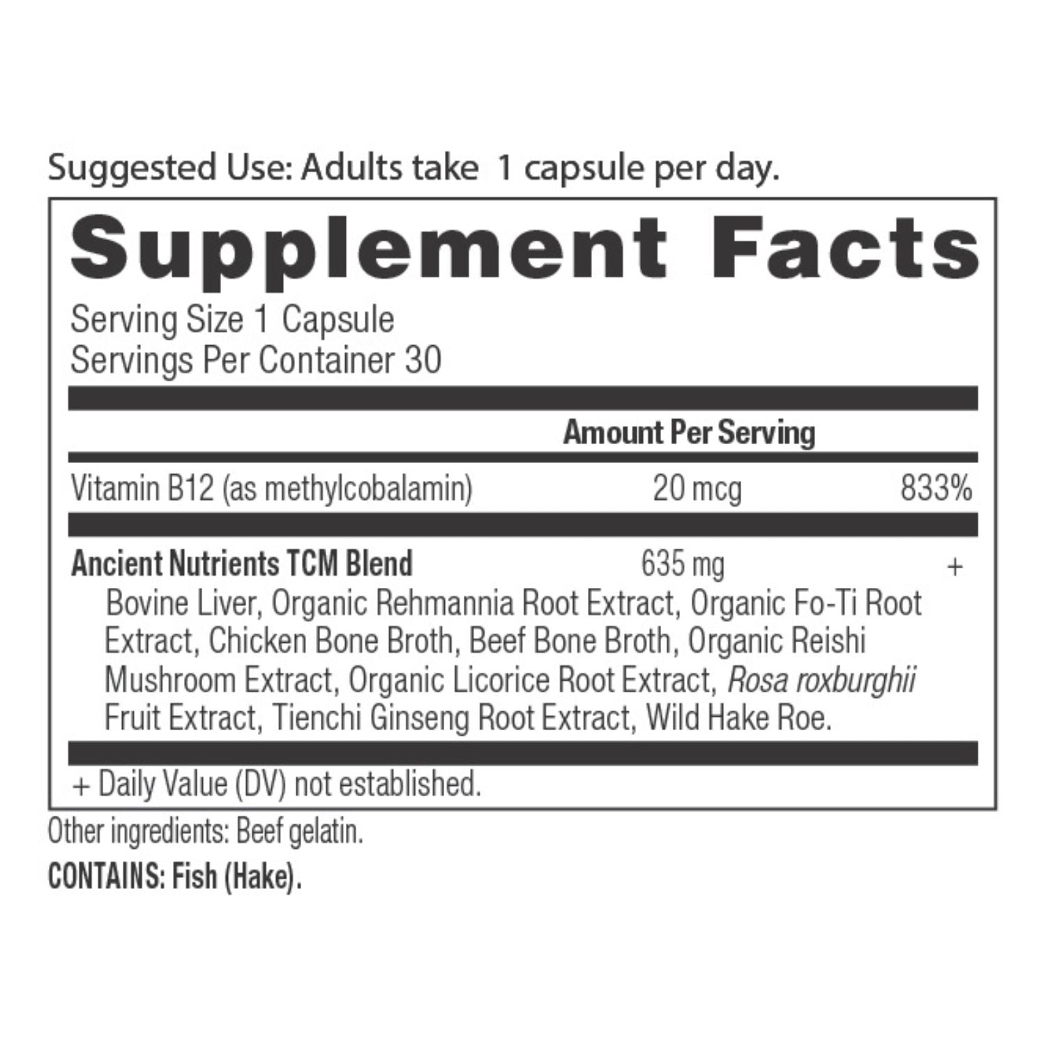 Ancient Nutrients Vitamin B-12 Capsules (30 Servings) supplement facts panel