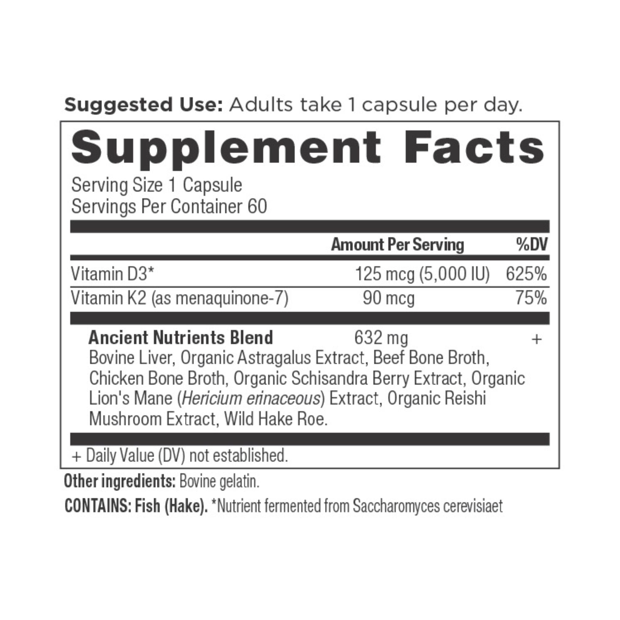 Ancient Nutrients Vitamin D3 + K2 Capsules (60 Servings) supplement facts label