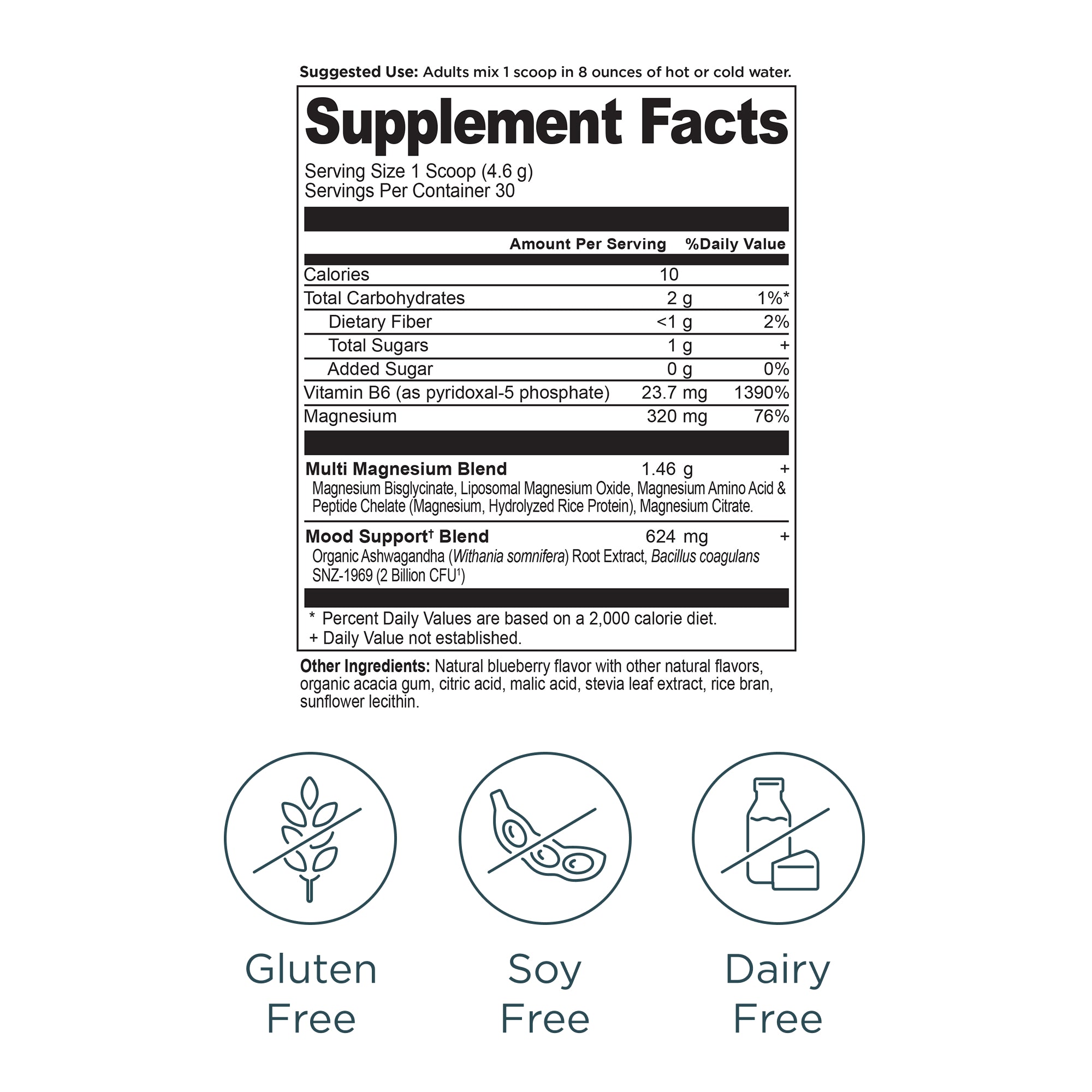 Active Peptides Magnesium Complex Powder Blueberry Peppermint (30 Servings) supplement facts panel
