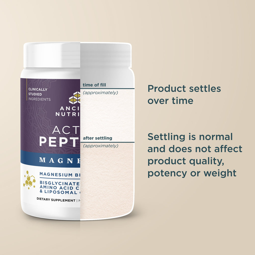 Two containers of Ancient Nutrition Active Pept Magnesium on a beige background with text about product settling.