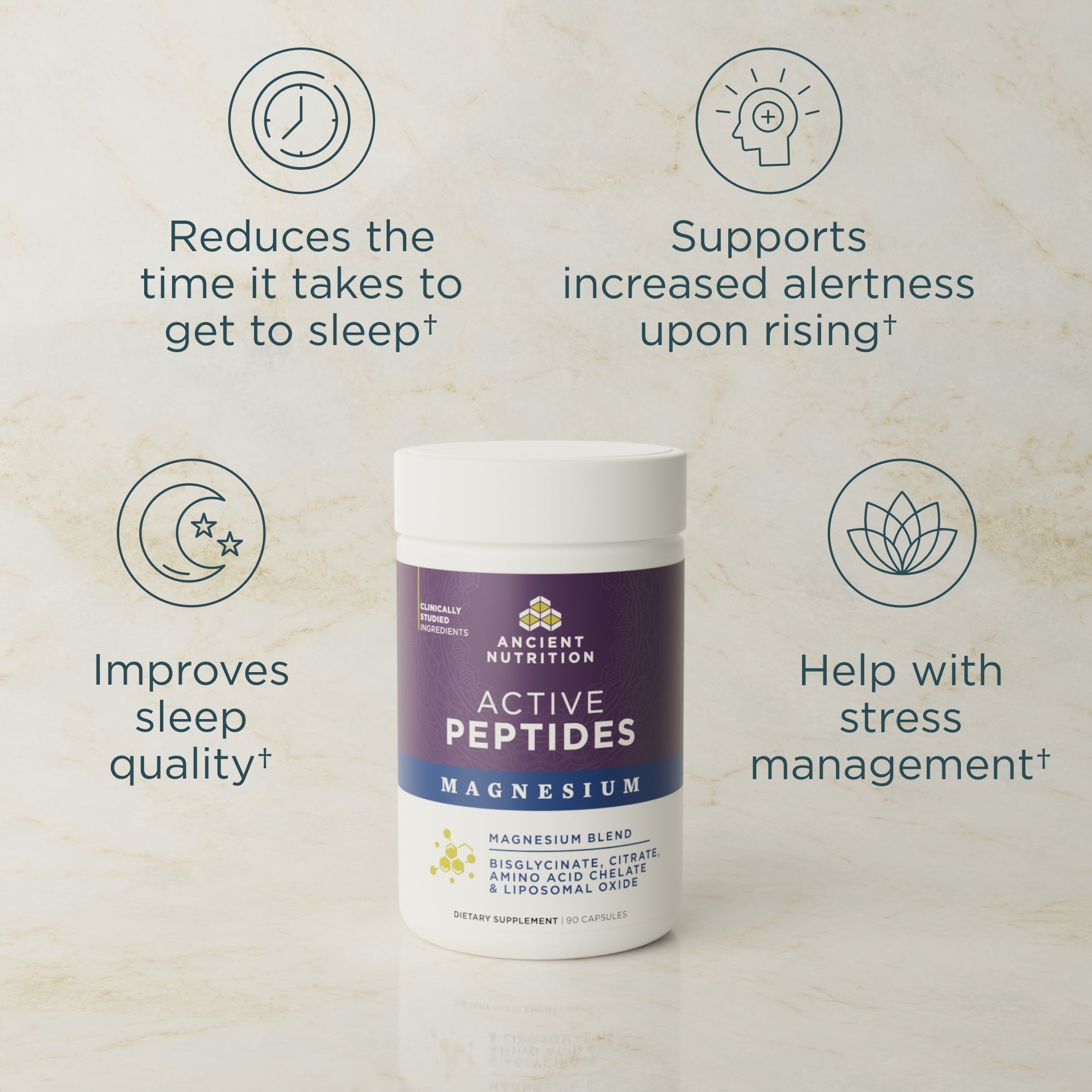 Supplement container labeled 'Active Peptides Magnesium' with text about its benefits on a light background.