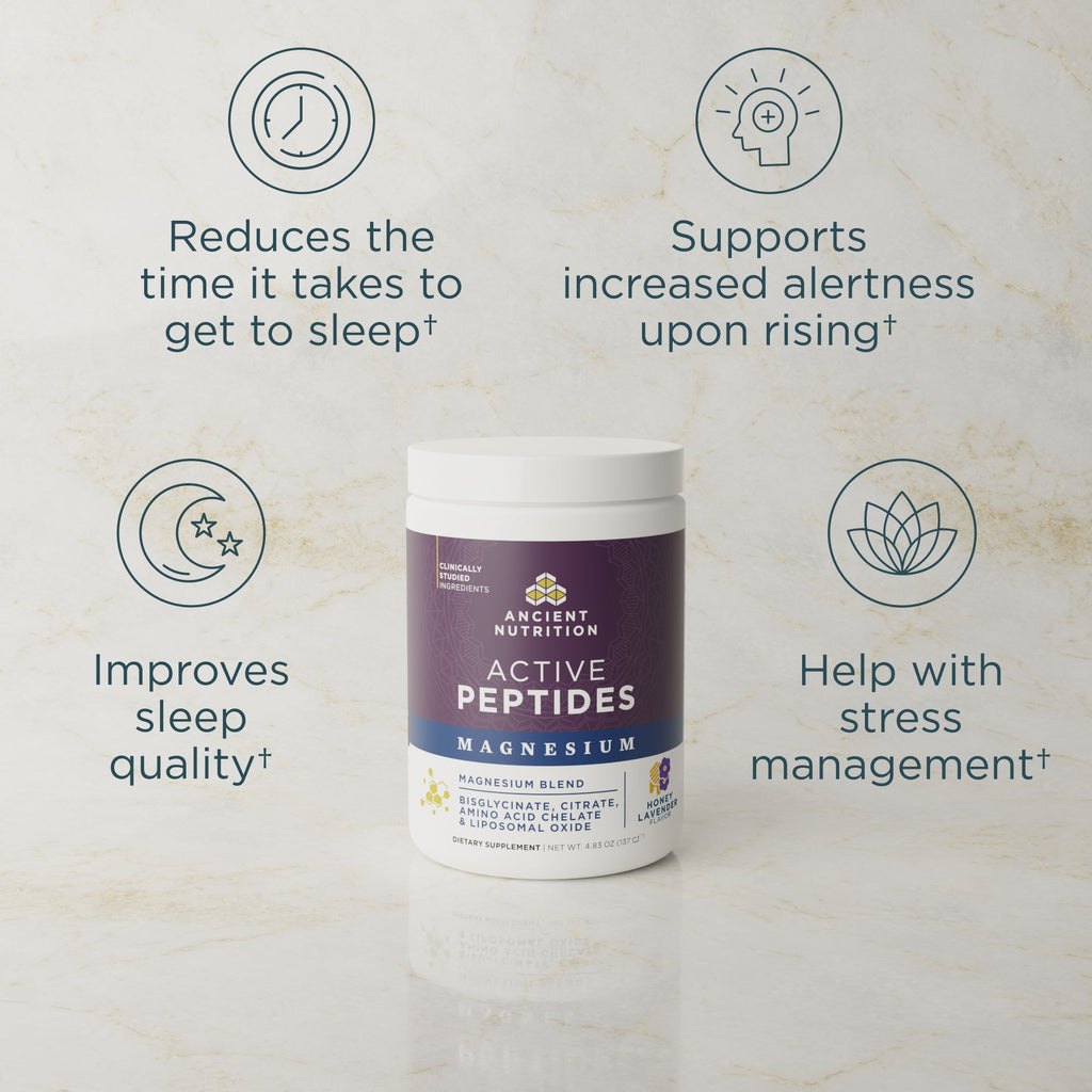 Ancient Nutrition Active Peptides Magnesium supplement bottle with text on a light background