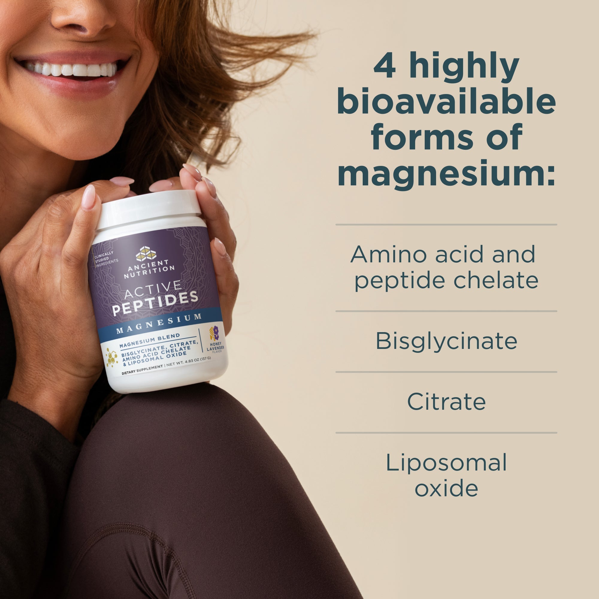 Person holding a container of Active Peptides Magnesium supplement with text about magnesium forms.