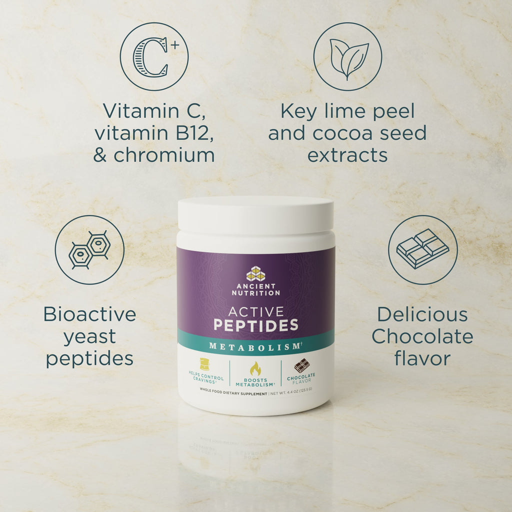 Container of Ancient Nutrition Active Peptides with ingredient details on a beige background