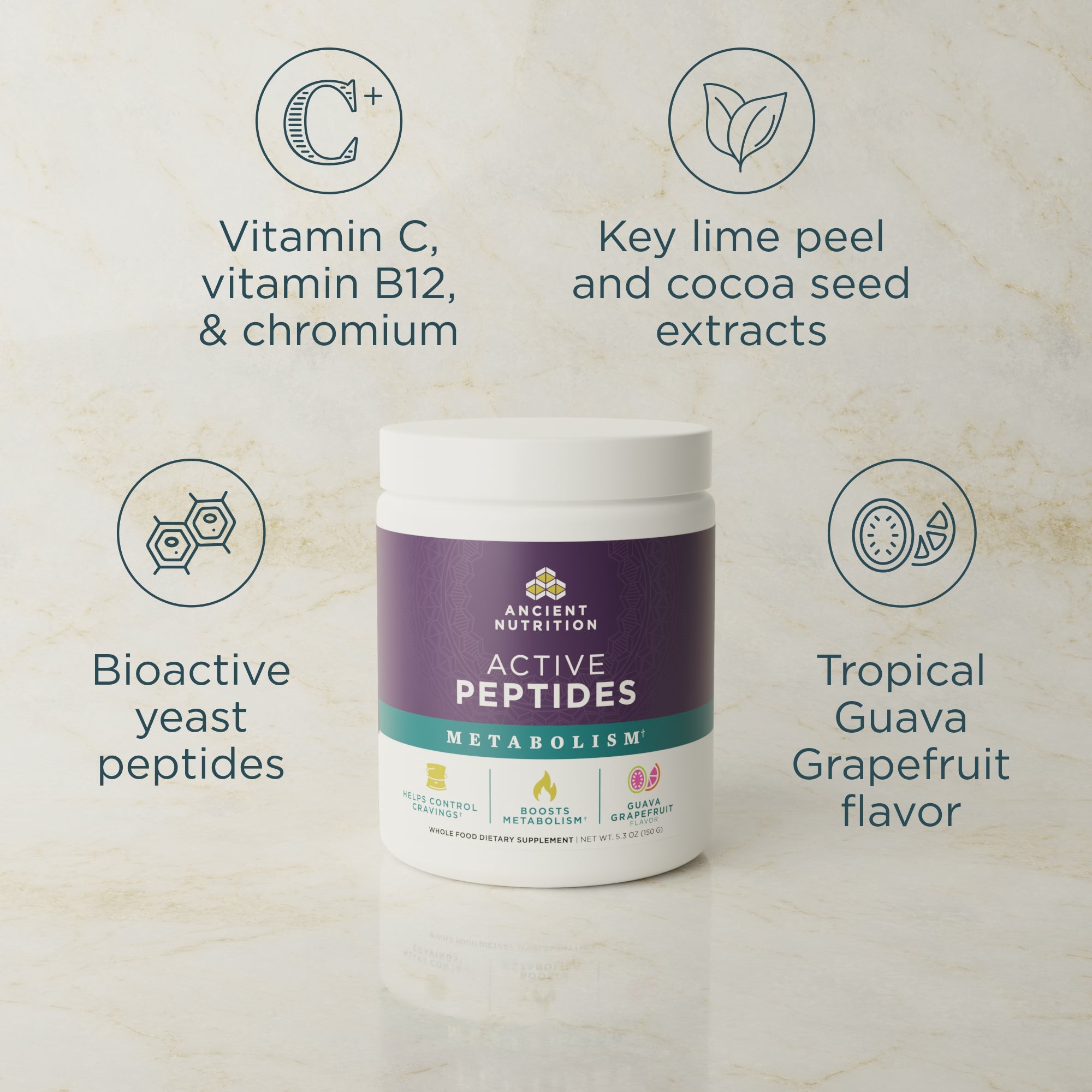 Ancient Nutrition Active Peptides supplement container with ingredient details on a beige background