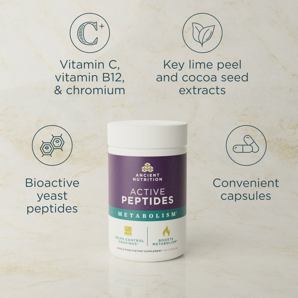 Supplement container labeled 'Active Peptides' with text detailing ingredients on a beige background