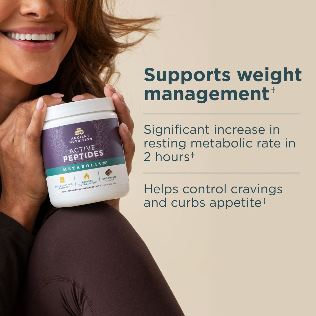 Woman holding a container of 'Active Peptides' with text about its benefits on a beige background