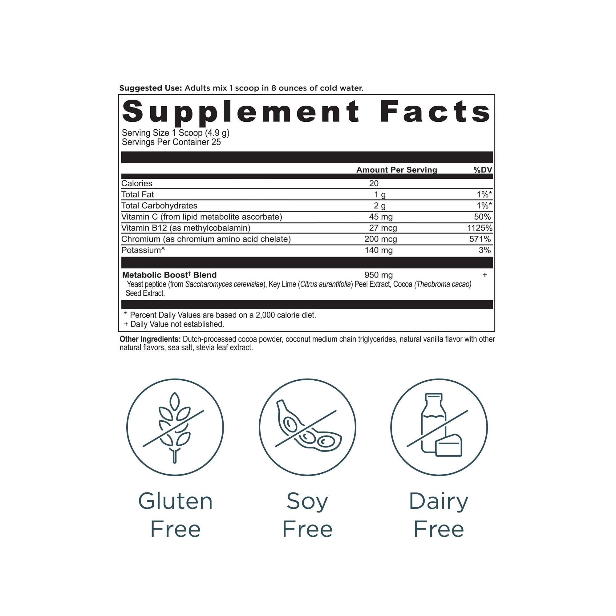 Active Peptides Metabolism Powder Chocolate (25 Servings) supplement facts panel