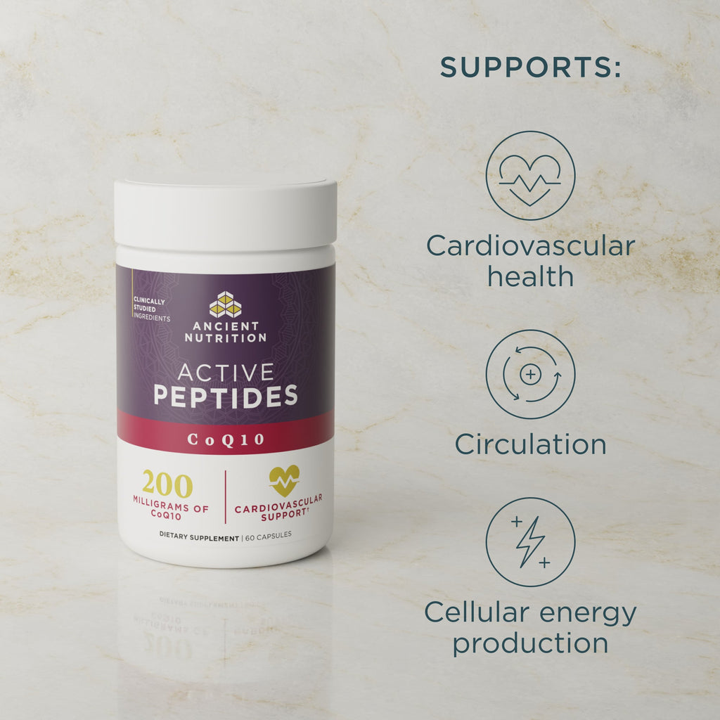 A bottle ofActive Peptides CoQ10 Capsule (30 Servings) on a light marble background, with text and icons on the right listing supported benefits: cardiovascular health, circulation, and cellular energy production.