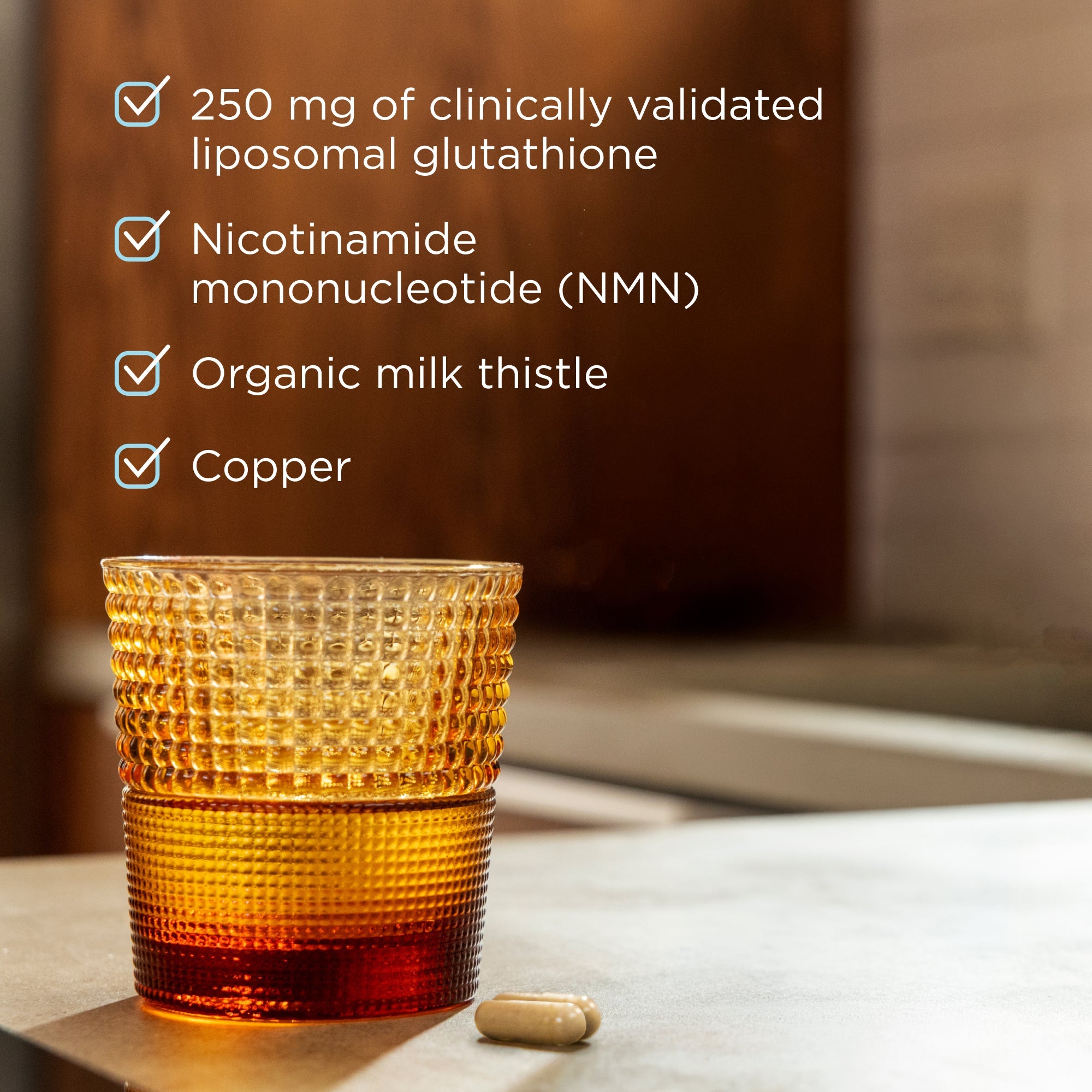 a copper glass with Active Peptides Glutathione + NMN Capsule (30 Servings) product benefits listed