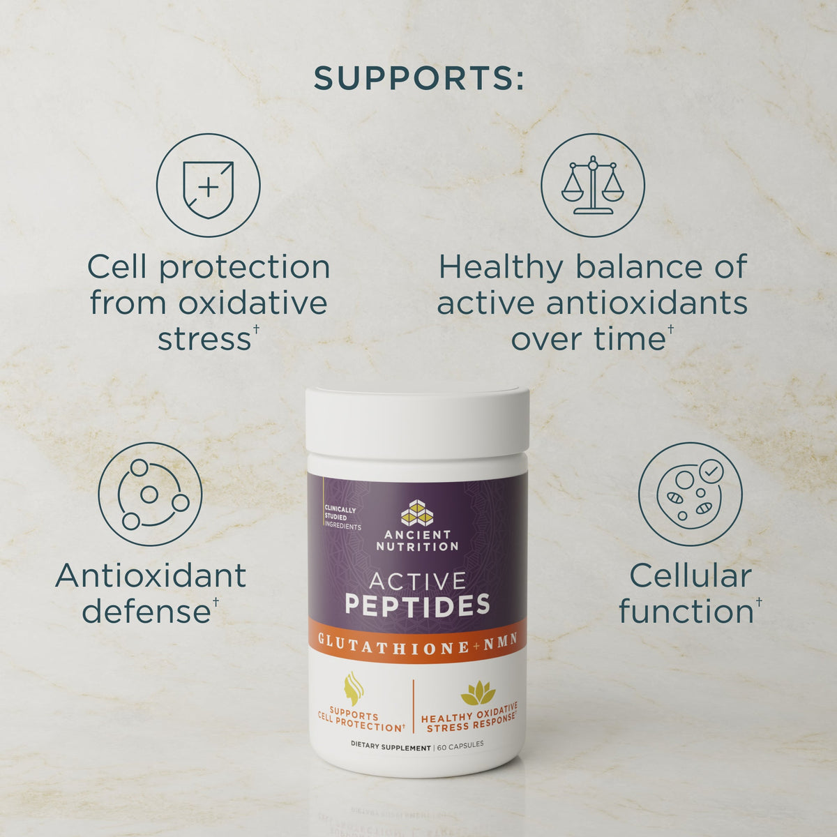 a bottle of Active Peptides Glutathione + NMN Capsule (30 Servings) on a marble background