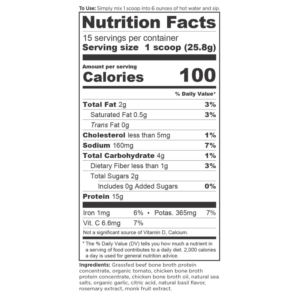 Bone Broth Protein Powder Tomato Basil (15 Servings) supplement facts panel