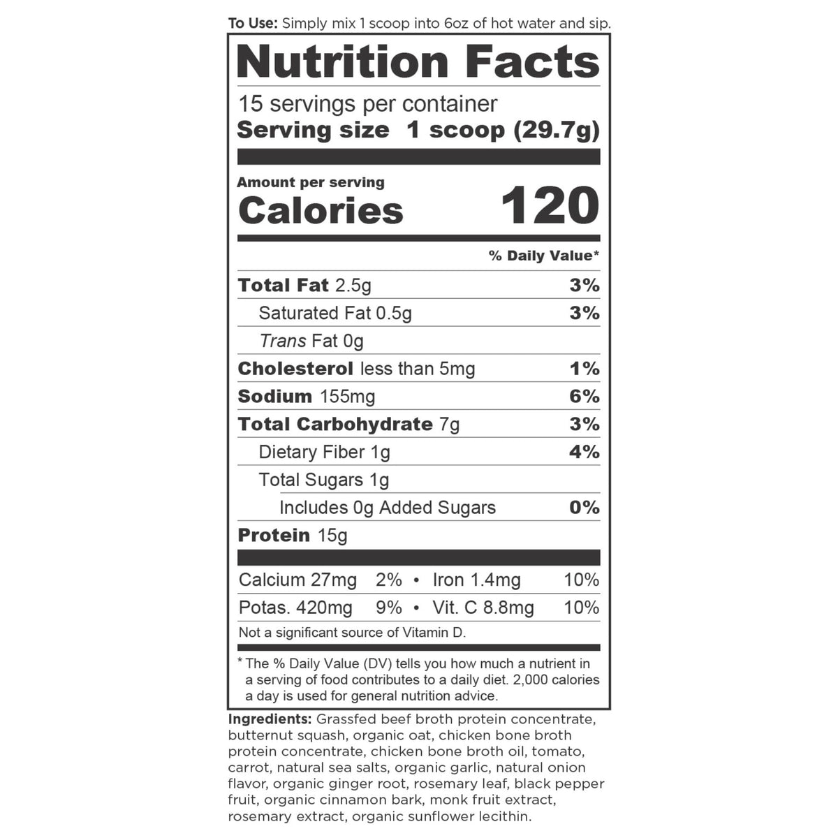 Bone Broth Protein Powder Butternut Squash (15 Servings) supplement facts panel
