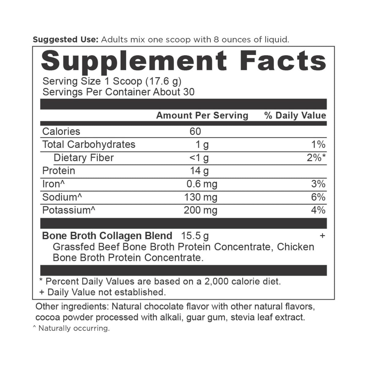 Bone Broth Collagen Protein Powder Chocolate (30 Servings) supplement facts panel