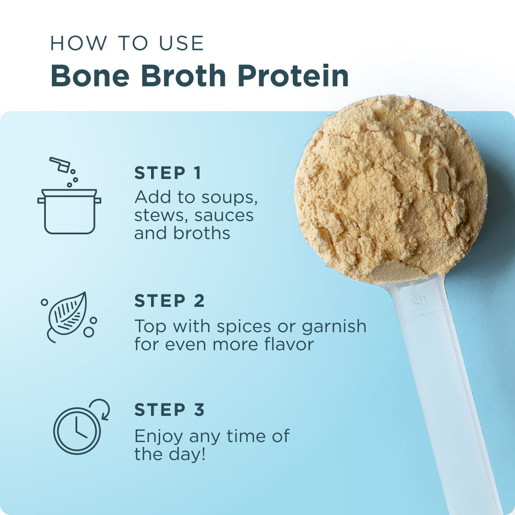 an image that says how to use bone broth protien with a scoop of powder