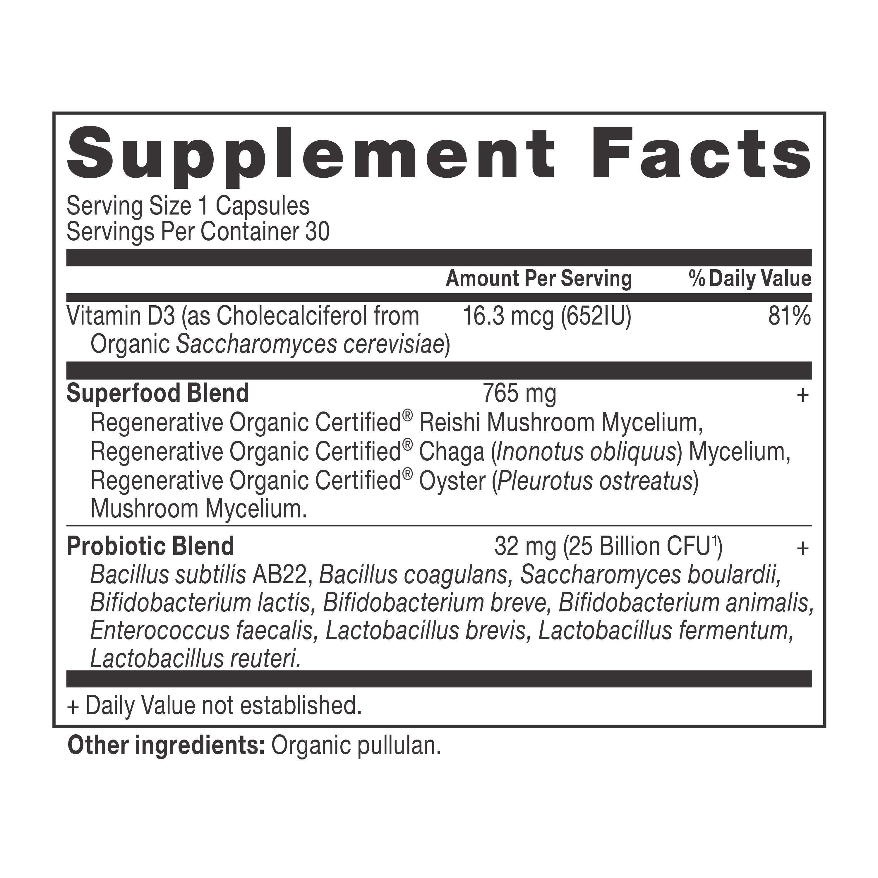 Regenerative Organic Certified® Women's Once Daily Probiotics Capsules (30 Capsules) supplement facts panel