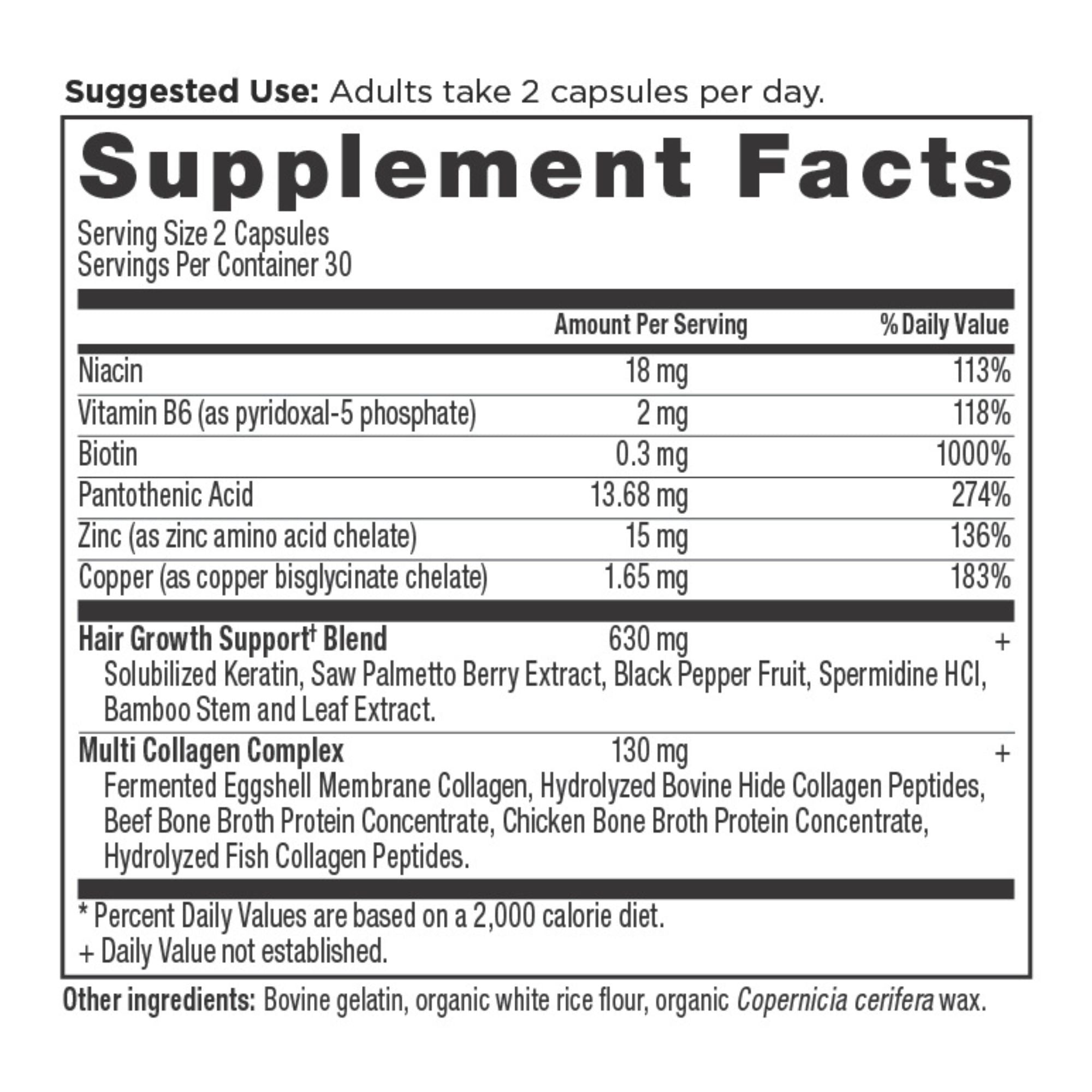 Hair Growth + Collagen Capsules (30 Servings) supplement facts panel