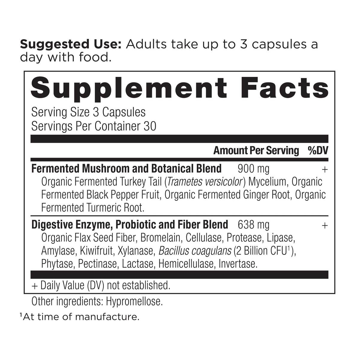 Digestive Enzyme Capsules (30 Servings) supplement facts panel