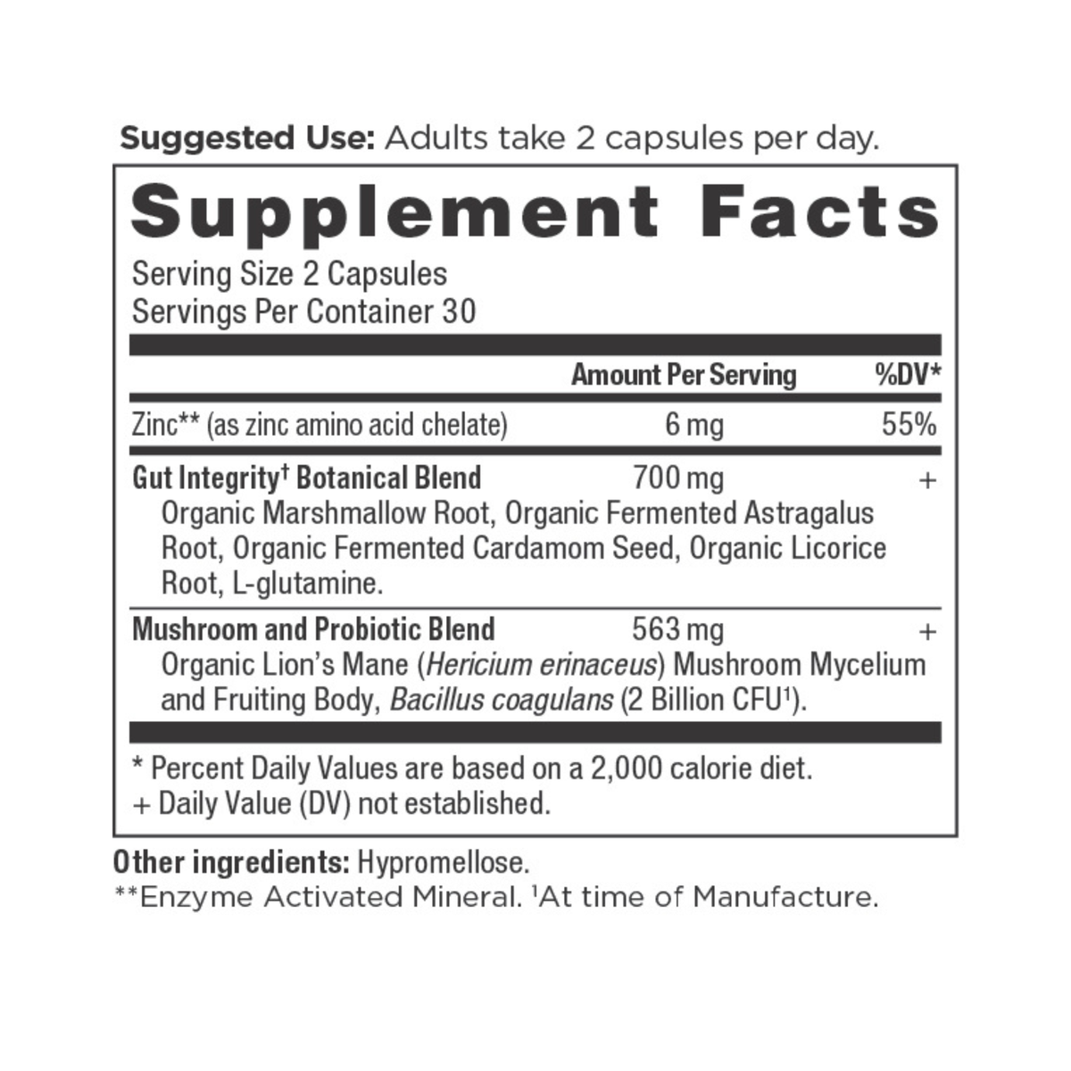 Leaky Gut Capsules (60 Capsules) supplement facts panel