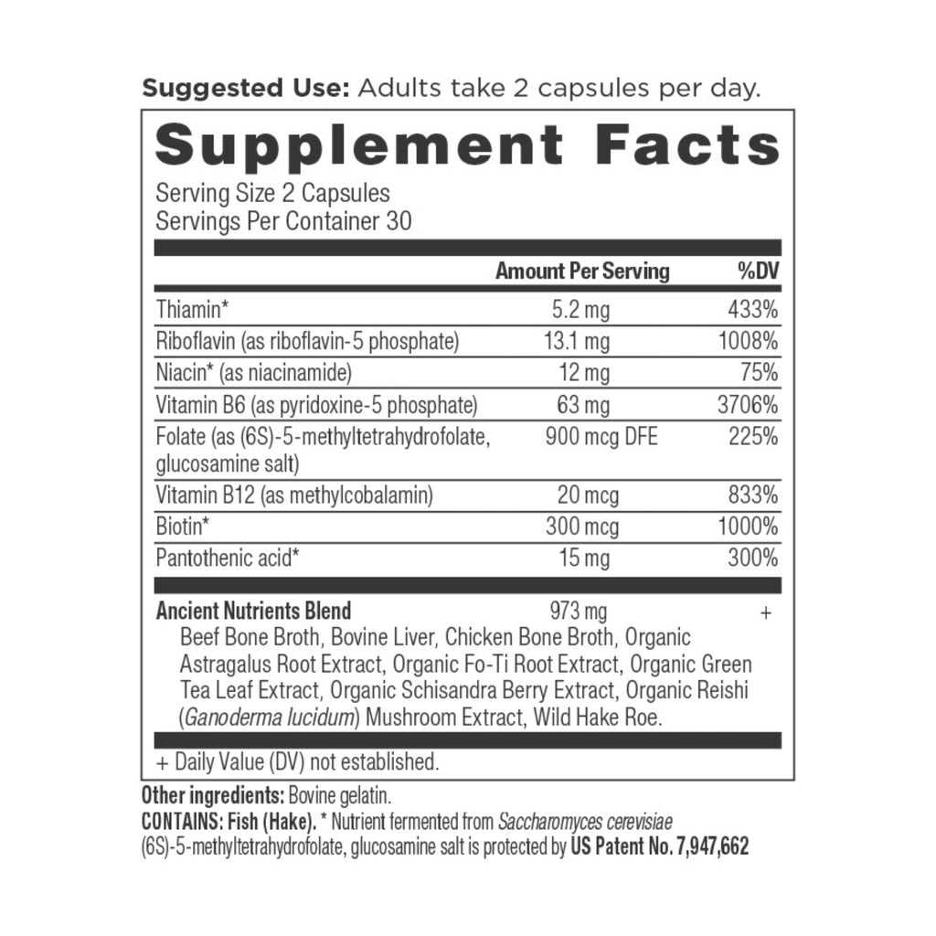 Ancient Nutrients Vitamin B Complex Capsules (30 Servings) supplement facts panel