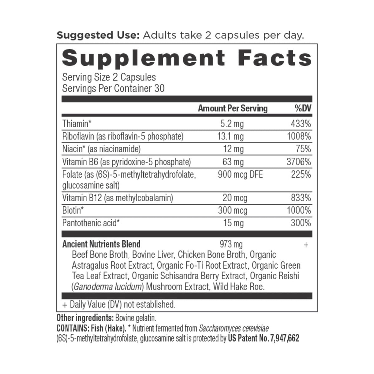 Ancient Nutrients Vitamin B Complex Capsules (30 Servings) supplement facts panel