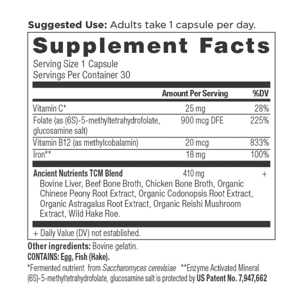 Ancient Nutrients Iron Capsules (30 Capsules) supplement facts panel