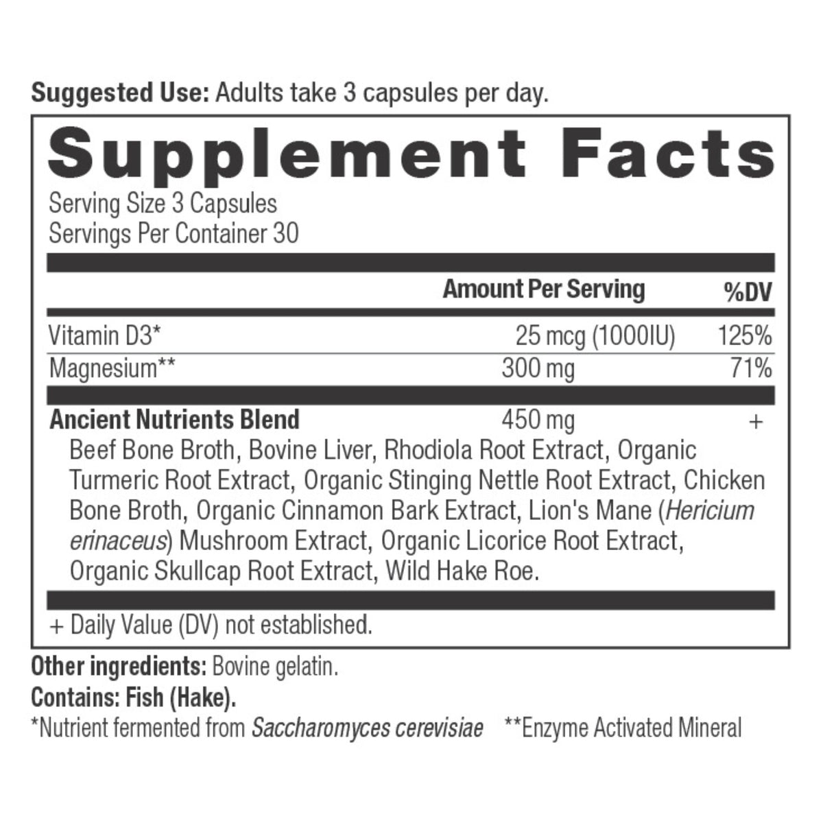 Ancient Nutrients Magnesium Capsules (30 Servings) supplement facts panel