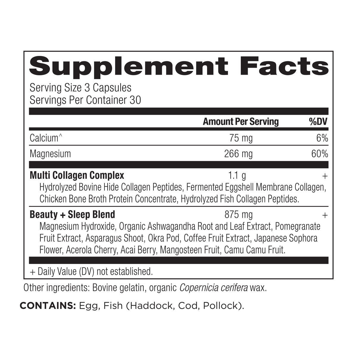 Multi Collagen Beauty & Sleep Support Capsules (90 Capsules) supplement facts label