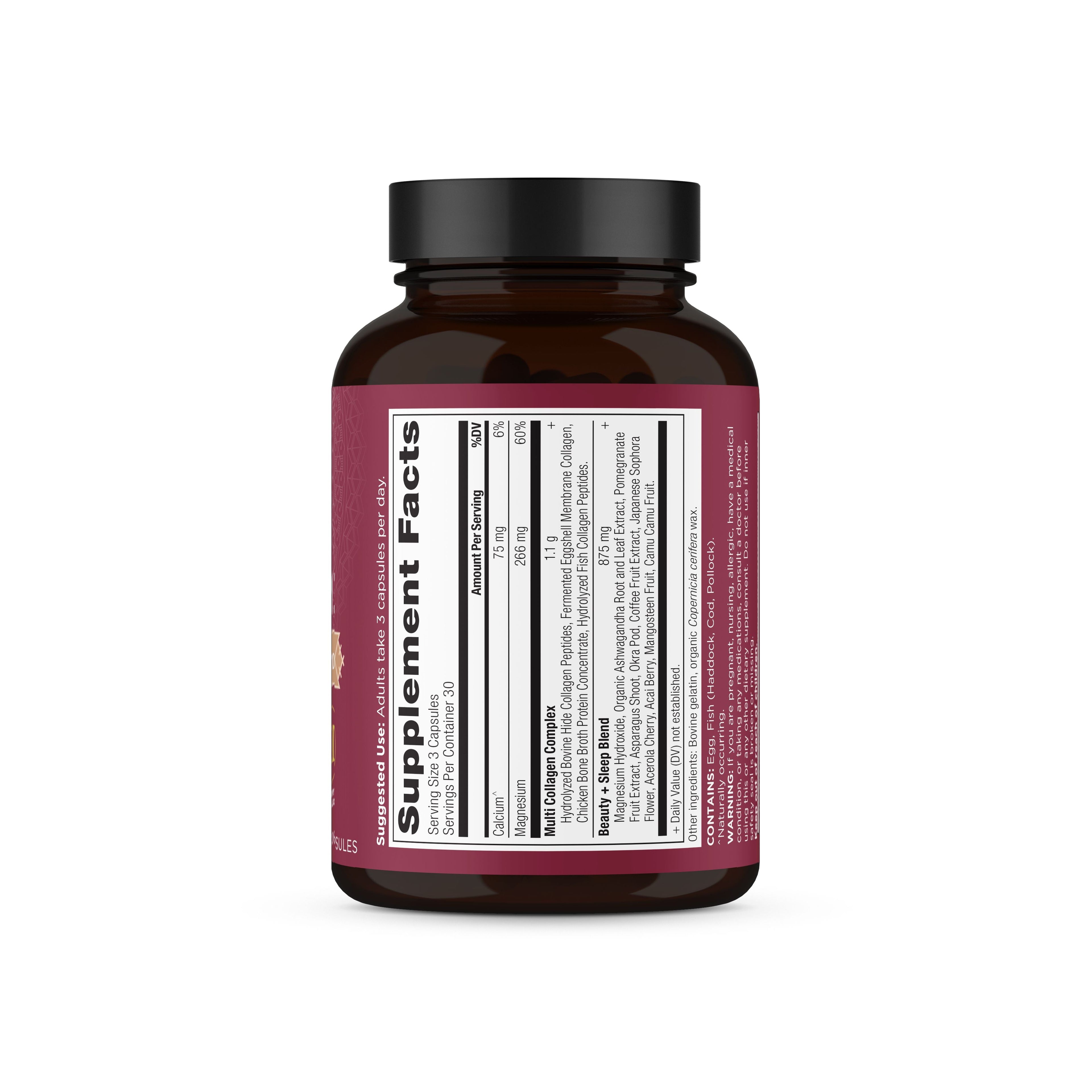 Multi Collagen Beauty & Sleep Support Capsules (90 Capsules) side view of bottle