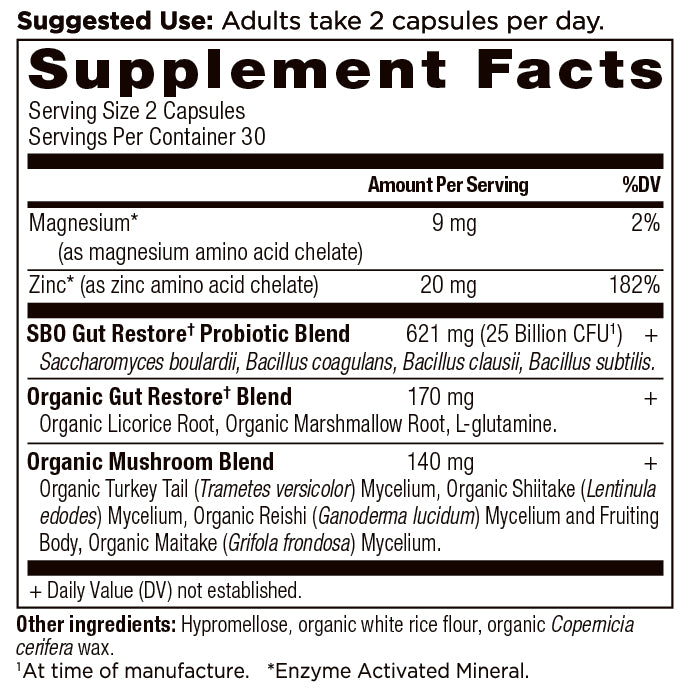 SBO Probiotics Gut Restore Capsules (60 Capsules) supplement facts panel