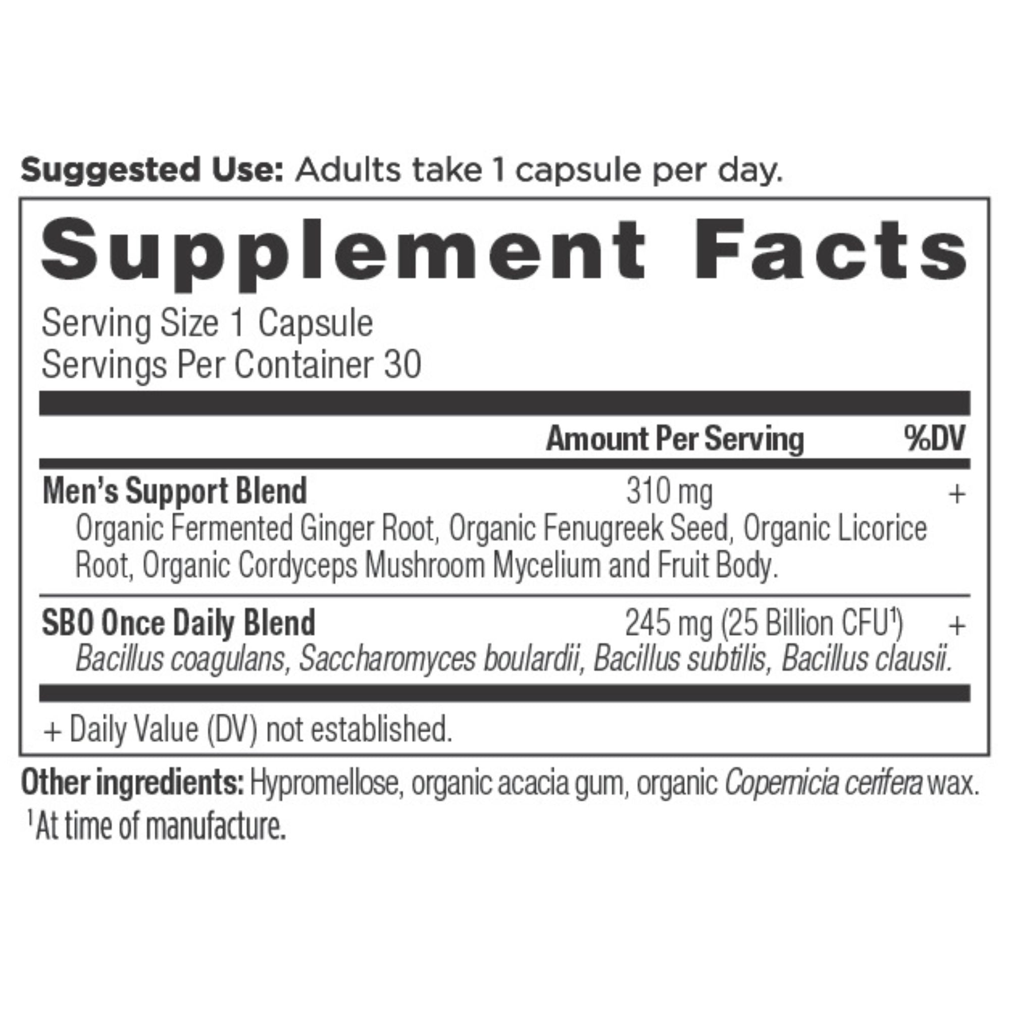 SBO Probiotics Men's Once Daily (30 Capsules) supplement facts panel